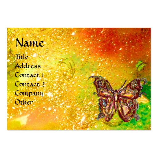GOLD BUTTERFLY IN YELLOW GREEN RED BROWN SPARKLES BUSINESS CARD TEMPLATE (front side)