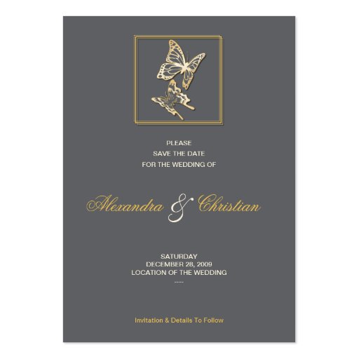 Gold Butterfly Save The Date Wedding MiniCard Business Card (back side)