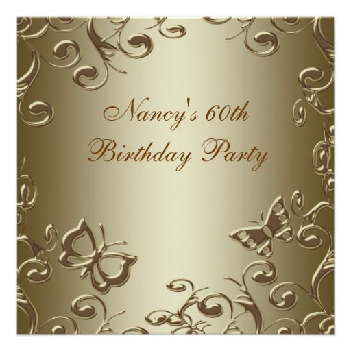 Gold Butterfly Swirls Womans 60th Birthday Party Announcement (front side)