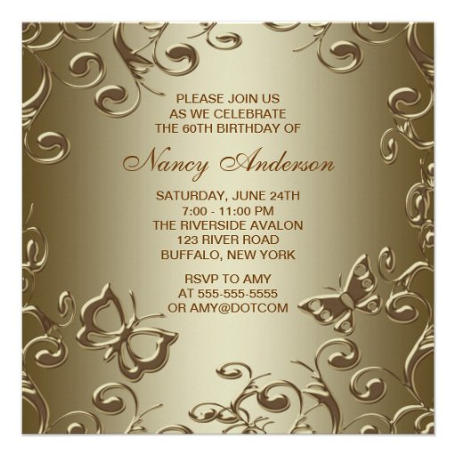 Gold Butterfly Swirls Womans 60th Birthday Party Announcement