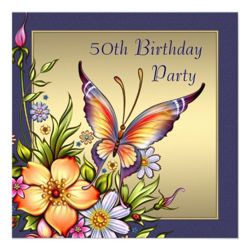 Gold Butterfly Womans 50th Birthday Party Personalized Invite