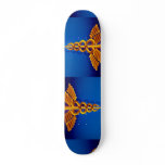 Gold caduceus over blue medical background custom skateboard