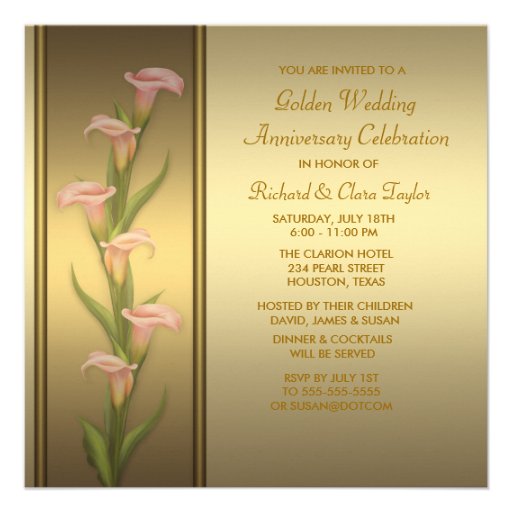 Gold Calla Lily 50th Golden Anniversary Custom Invitations
