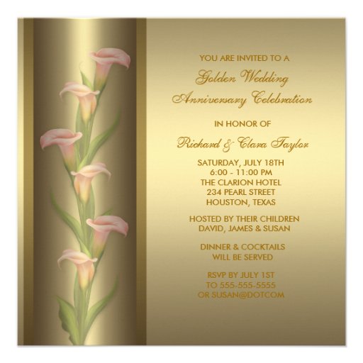 Gold Calla Lily 50th Golden Anniversary Personalized Invitation