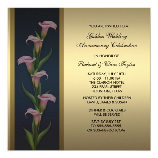 Gold Calla Lily 50th Golden Anniversary Personalized Invitations