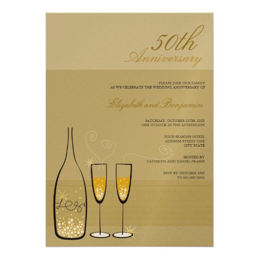 Gold Champagne Bubbles 50th Anniversary Invitation