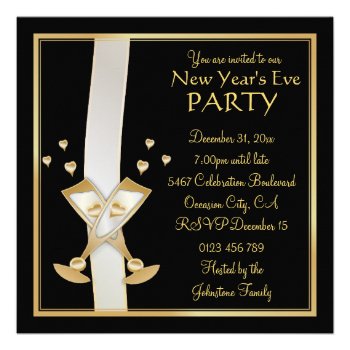 Gold Champagne on Black New Year Party Invites
