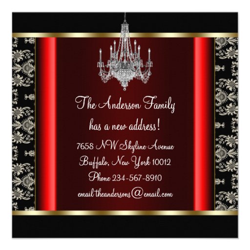 Gold Chandelier Black Damask Change of Address Custom Invitation