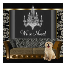 Gold Chandelier Black Damask Change of Address Custom Invites