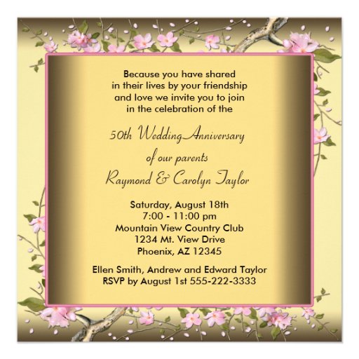 Gold Cherry Blossom 50th Anniversary Party Custom Announcements