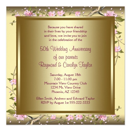 Gold Cherry Blossom 50th Anniversary Party Custom Announcements