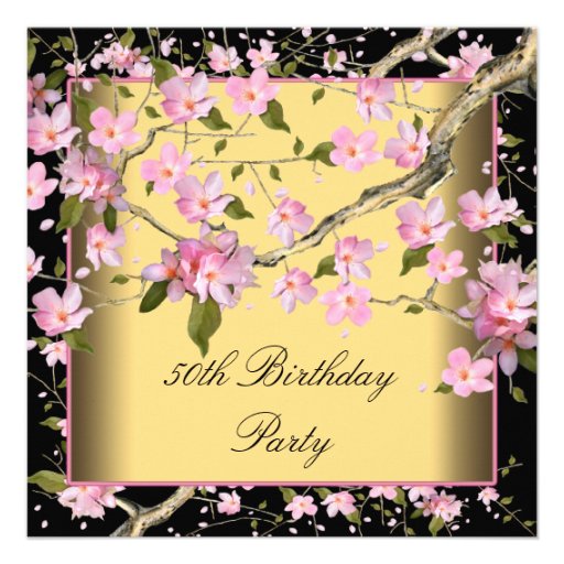 Gold Cherry Blossom Womans 50th Birthday Party Invite