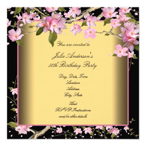 Gold Cherry Blossom Womans 50th Birthday Party Invite