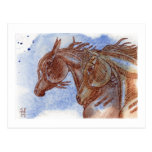 Gold & Chestnut Horses On Lapis Lazuli Watercolor Postcard