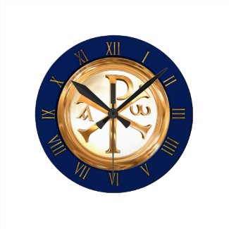 Gold Chi Rho Sign Round Wall Clocks