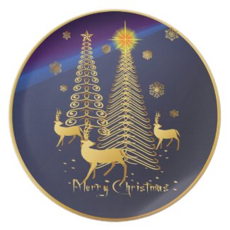 Gold Christmas Trees and Reindeer Party Plates