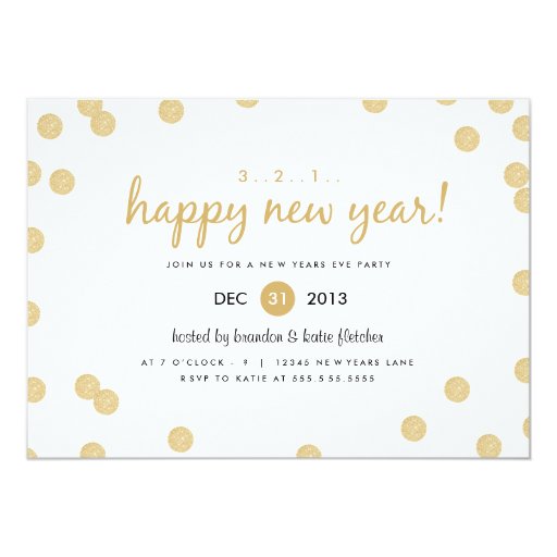 Gold Confetti by Origami Prints New Years Invite (front side)