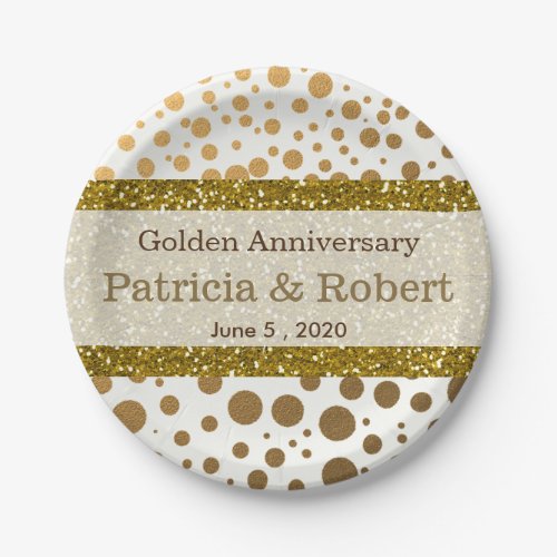 Gold Confetti Dots 50th Wedding Anniversary 7 Inch Paper Plate