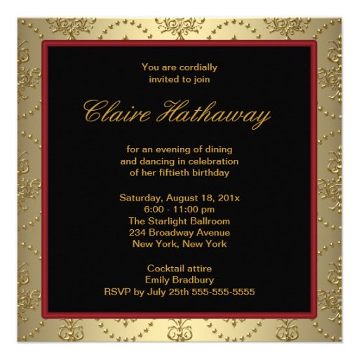 Gold Crest Red Bow Womans Elegant 50th Birthday Announcements