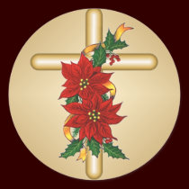 Gold Cross Poinsettia Christmas Stickers