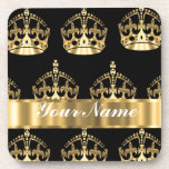 Gold crown pattern on black coaster