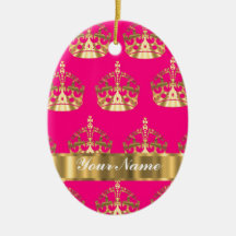 Gold crowns on hot pink christmas tree ornaments