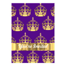 Gold crowns on purple custom invite