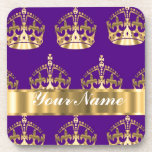 Gold crowns on purple drink coasters
