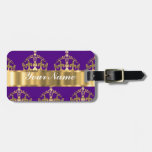 Gold crowns on purple luggage tags