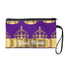 Gold crowns on purple wristlet purse