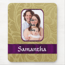 Gold damask and purple ribbon mousepads
