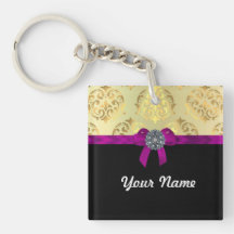 Gold damask & black personalized square acrylic key chains