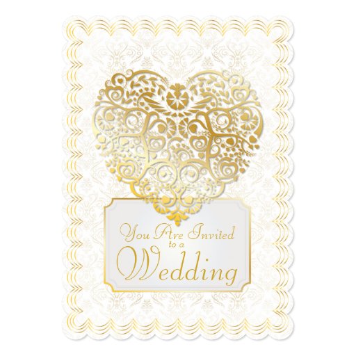 Gold Damask Filigree & Heart Wedding Invitation Zazzle