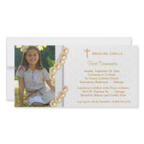 Gold Damask Pearls First Communion Photo Invite Picture Card