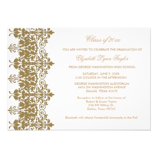 Gold Damask & White Graduation Announcement (front side)