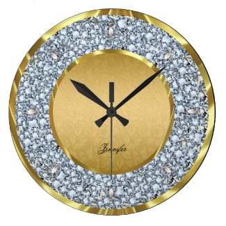 Gold Damasks & Sparkling Diamonds Glitter-Monogram Wall Clocks