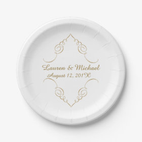 Gold Dark Swirl Border Personalized Wedding 7 Inch Paper Plate
