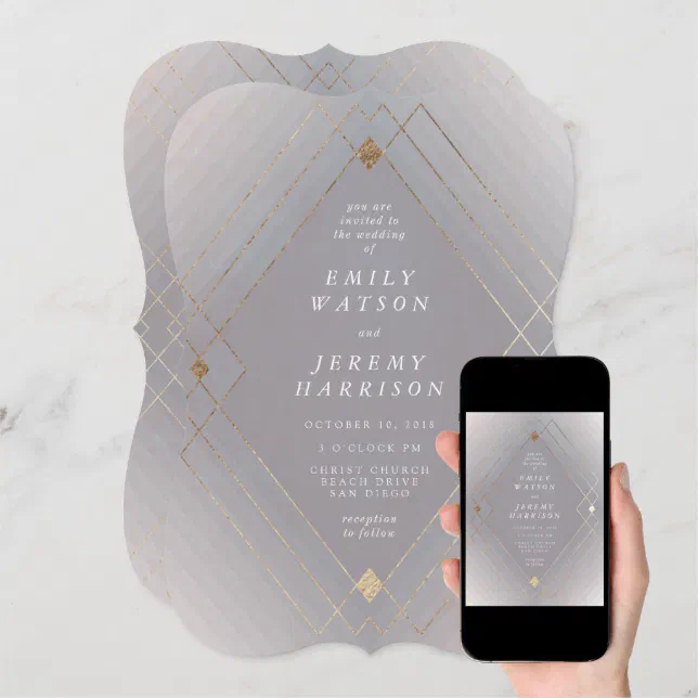 Gold Diamond Grey Geometric Deco Gatsby Wedding Invitation Zazzle