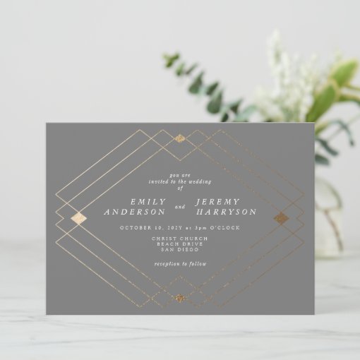 Gold Diamond Grey Geometric Deco Gatsby Wedding Invitation Zazzle