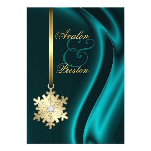 Gold Diamond Snowflake Teal Silk Invitation