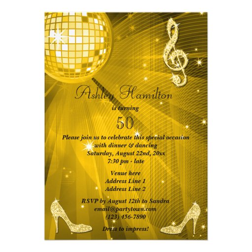 Gold Disco Ball and Heels 50th Birthday Personalized Announcement