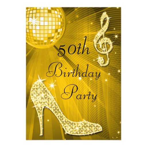 Gold Disco Ball and Heels 50th Birthday Personalized Announcement