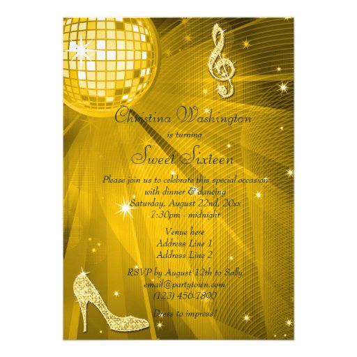 Gold Disco Ball and Sparkle Heels Sweet 16 Personalized Announcements