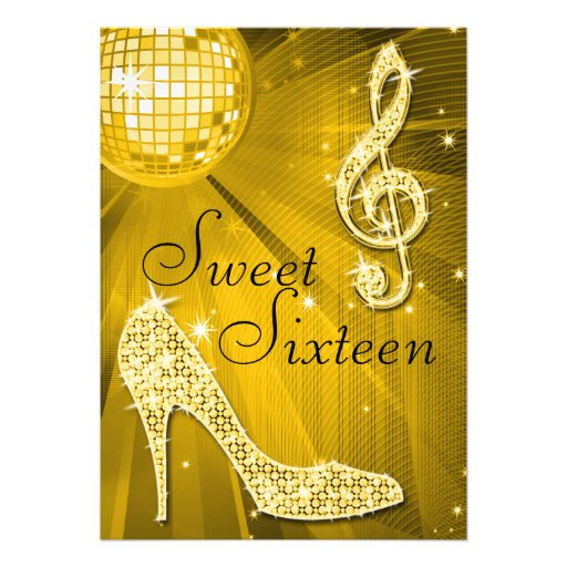 Gold Disco Ball and Sparkle Heels Sweet 16 Personalized Announcements