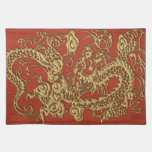 Gold Dragon on Deep Coral  Leather Texture placemats
