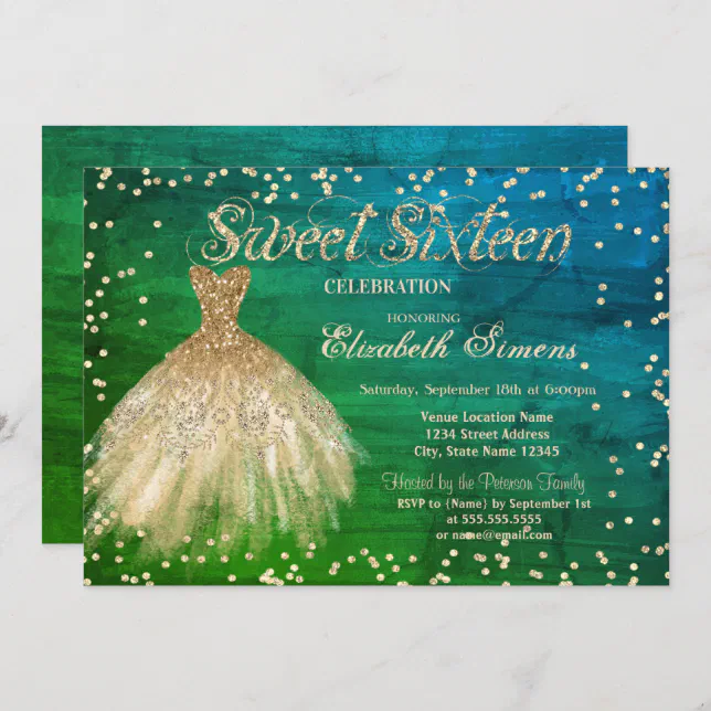 Gold Elegant Dress Diamonds Green Sweet Invitation Zazzle