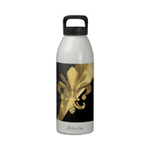 Gold fleur de lys on black water bottles