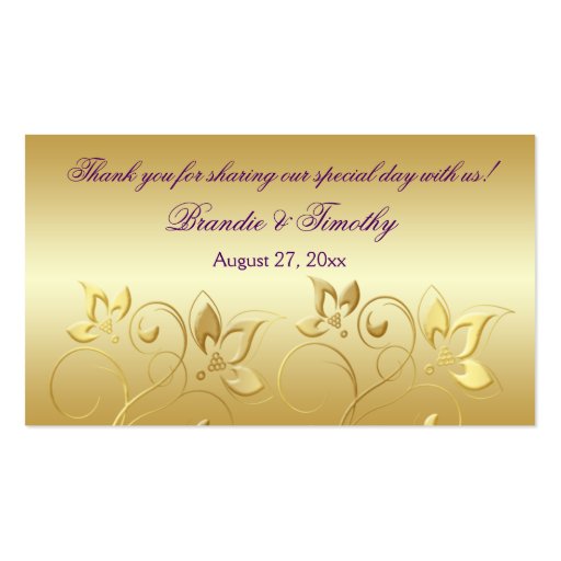 Gold Floral and Purple Wedding Favor Tag Business Card Template (front side)