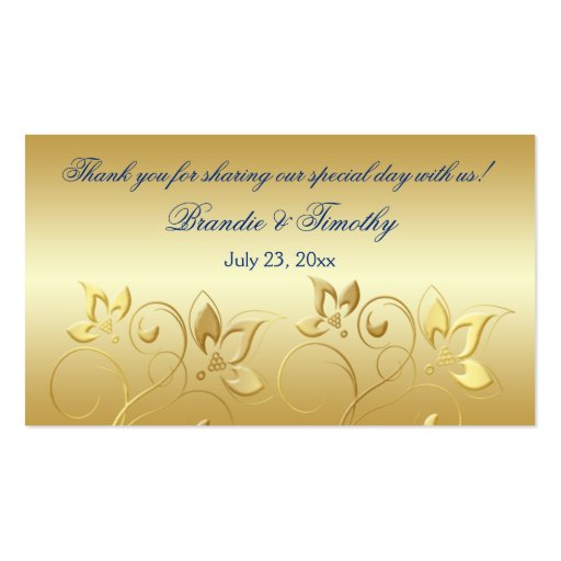 Gold Floral and Royal Blue Wedding Favor Tag Business Card Templates (front side)