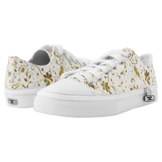 Gold Floral Damask Over White Background Printed Shoes